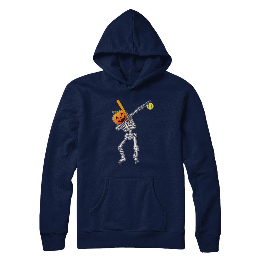 Halloween Dabbing Skeleton Softball-T-Shirt & Hoodie-Pullover Hoodie-Navy