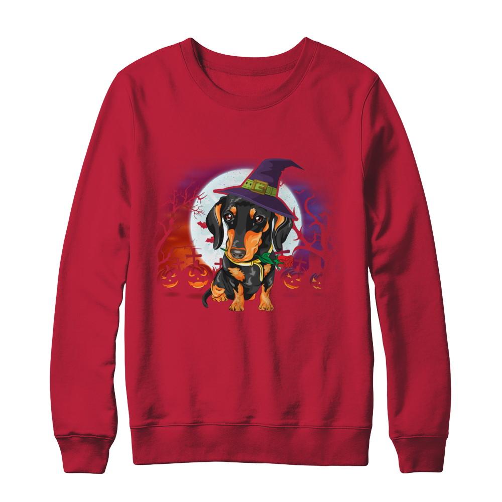 Cute Halloween Dachshund Puppy Pumpkins-T-Shirt & Sweatshirt-Crewneck Sweatshirt-Red
