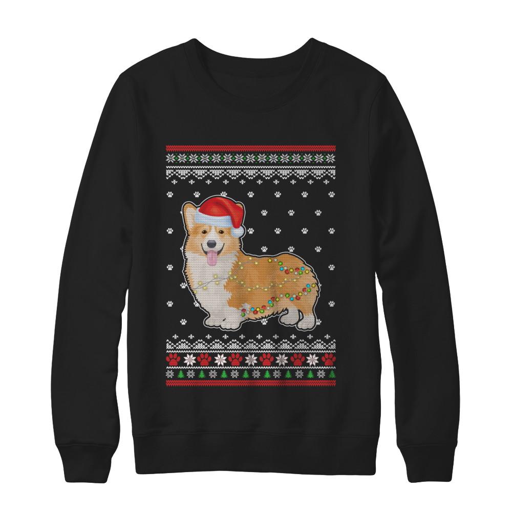 Corgi Christmas Ugly Sweater Lights Dog Xmas Gift-T-Shirt & Sweatshirt-Crewneck Sweatshirt-Black