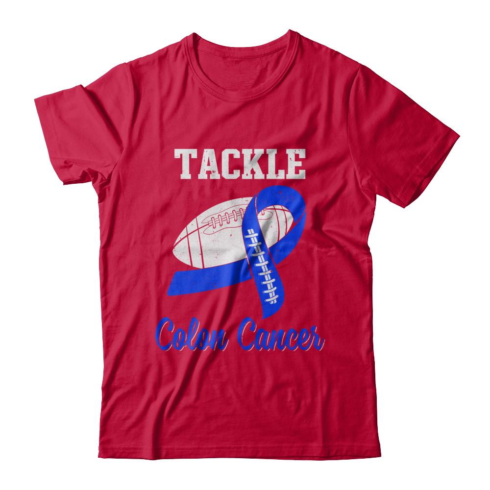 Football Survivor Tackle Blue Colon Cancer Awareness-T-Shirt & Hoodie-Classic T-Shirt-Red