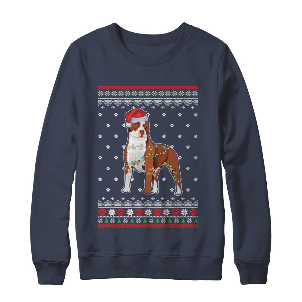 Pitbull Christmas Ugly Sweater Lights Dog Xmas Gift-T-Shirt & Sweatshirt-Crewneck Sweatshirt-Navy