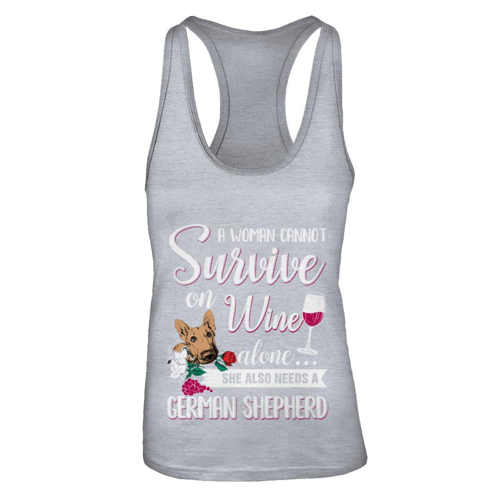 A Woman Can't Survive On Wine Alone German Shepherd Dog-T-Shirt & Tank Top-Women's Ideal Racerback Tank-Heather Grey
