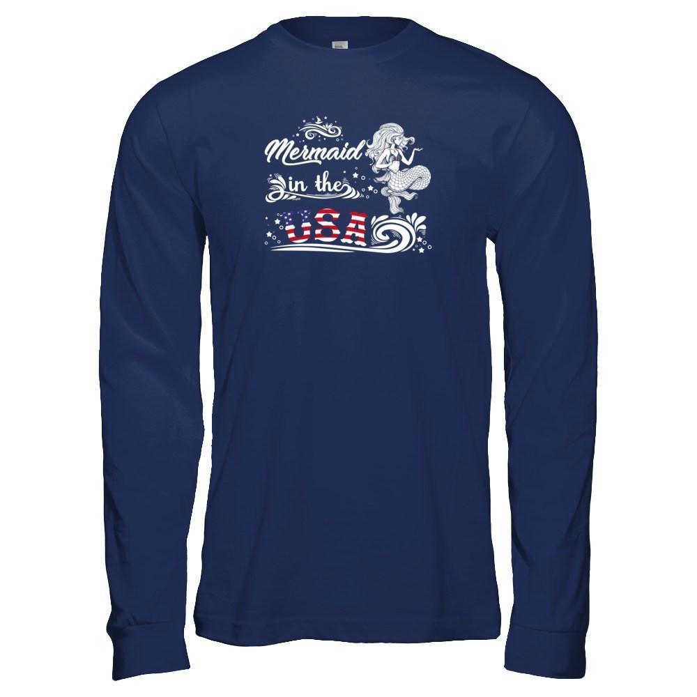 Mermaid In The Usa Flag-T-Shirt & Tank Top-Long Sleeve T-Shirt-Navy