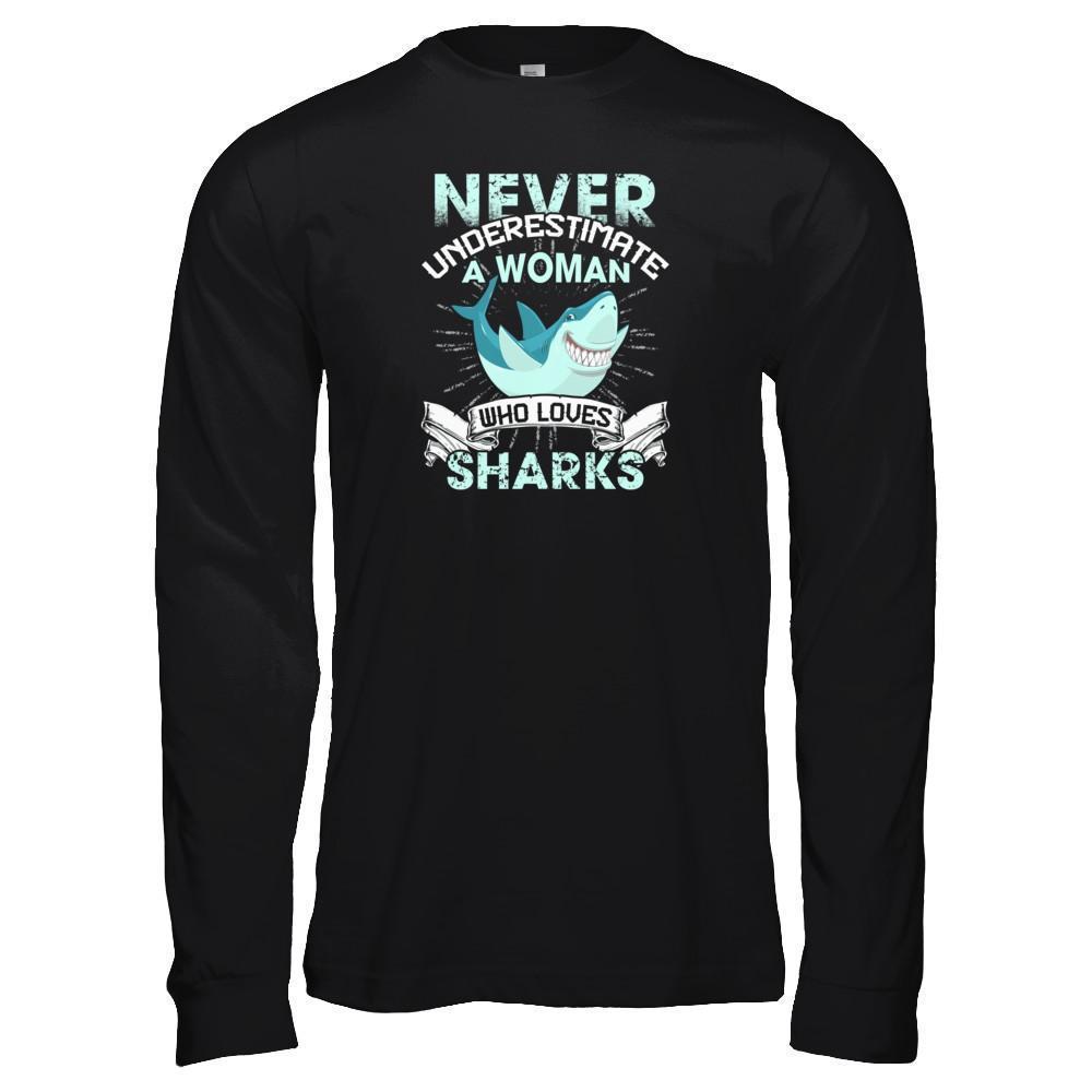 Never Underestimate A Woman Who Loves Shark-T-Shirt & Tank Top-Long Sleeve T-Shirt-Black