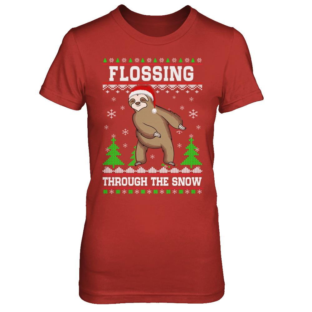Funny Flossing Sloth Ugly Christmas Sweater Flossin'-T-Shirt & Sweatshirt-Women's T-Shirt-Red