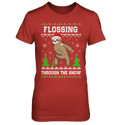 Funny Flossing Sloth Ugly Christmas Sweater Flossin'-T-Shirt & Sweatshirt-Women's T-Shirt-Red