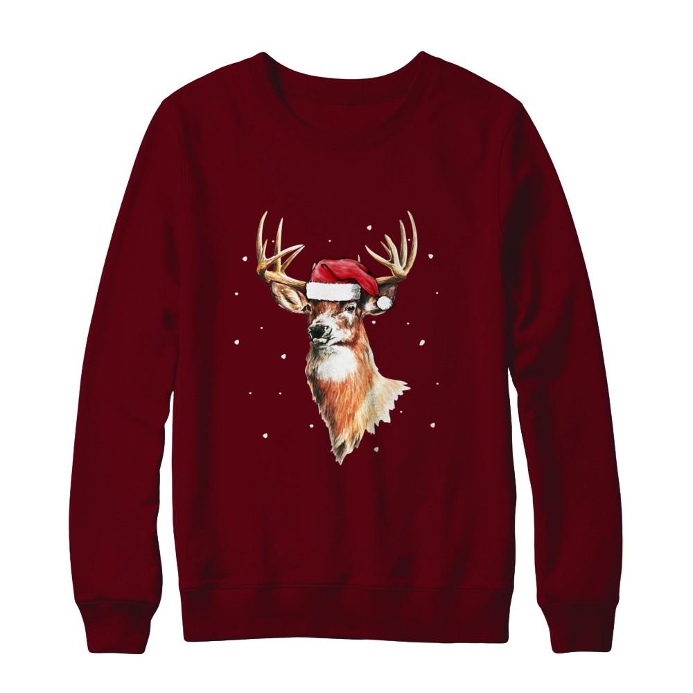 Christmas Pajama Deer With Santa Hat Hunting Hunter-T-Shirt & Sweatshirt-Crewneck Sweatshirt-Maroon