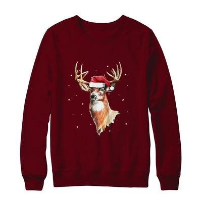 Christmas Pajama Deer With Santa Hat Hunting Hunter-T-Shirt & Sweatshirt-Crewneck Sweatshirt-Maroon
