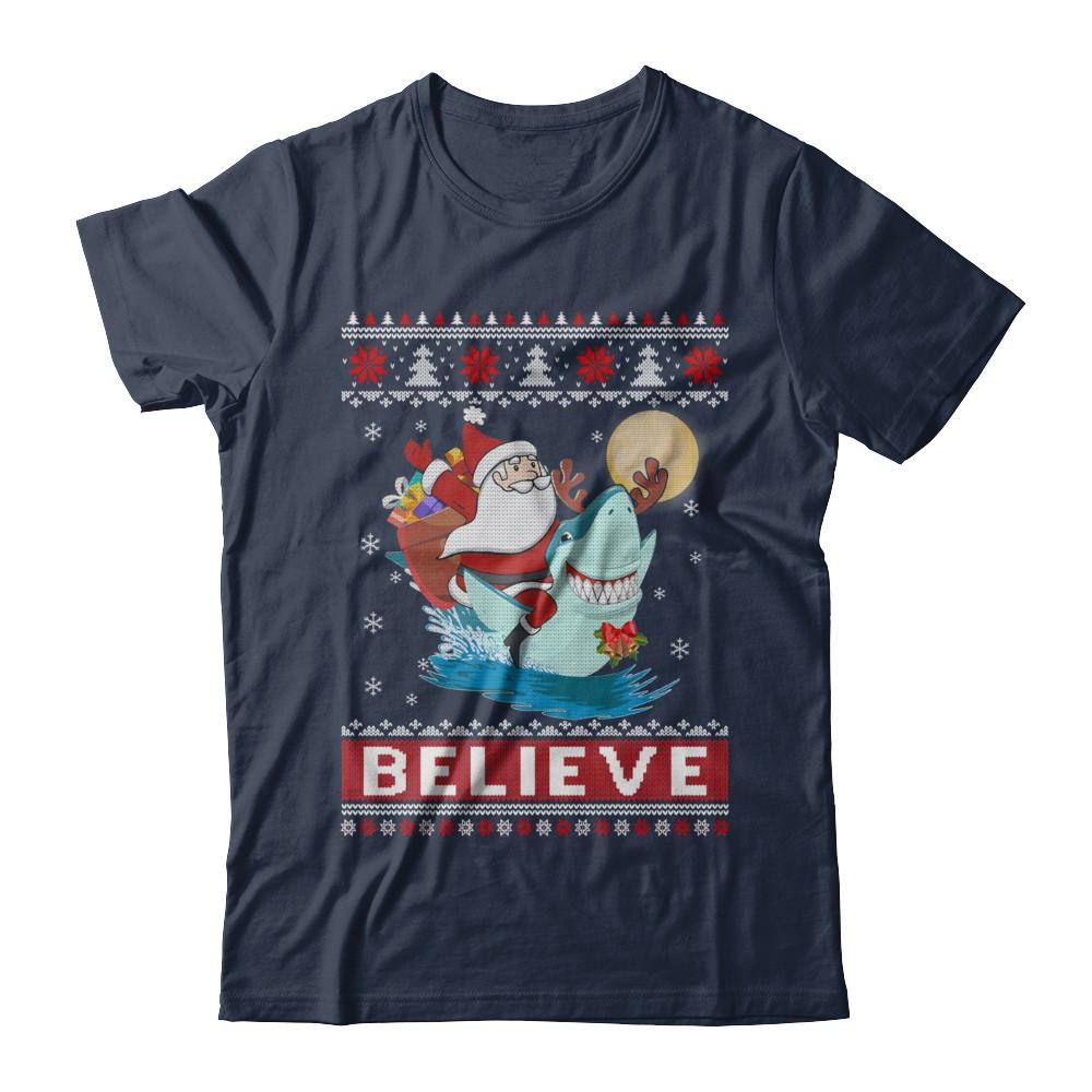 Believe In Santa Riding Shark Ugly Christmas Sweater-T-Shirt & Sweatshirt-Classic T-Shirt-Navy