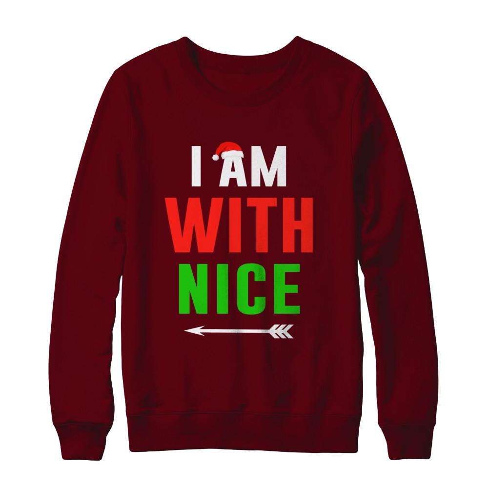 I'm With Nice Matching Christmas Couple Pajamas-T-Shirt & Sweatshirt-Crewneck Sweatshirt-Maroon