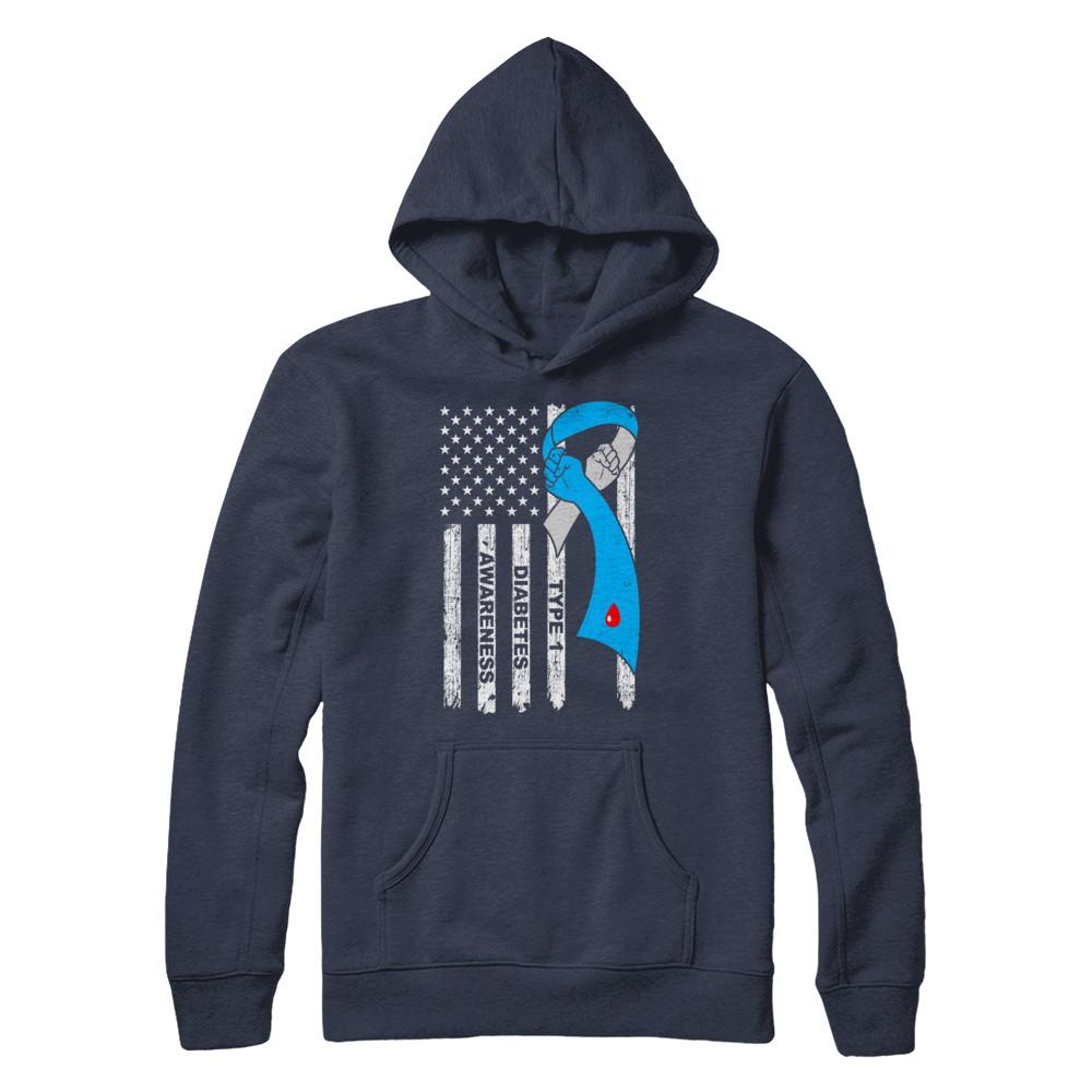 Type 1 Diabetes Awareness Support T1D Flag Ribbon-T-Shirt & Hoodie-Pullover Hoodie-Navy