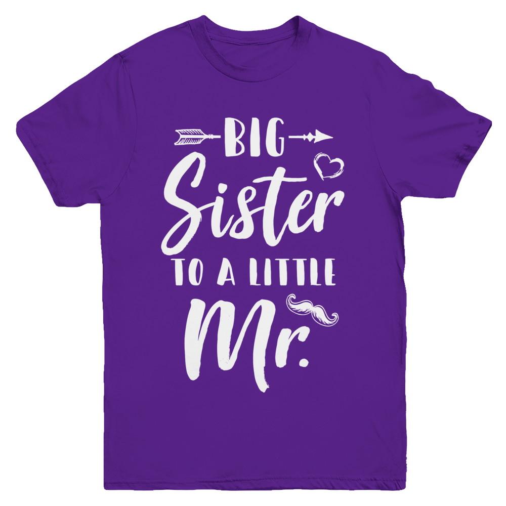 Big Sister To A Little Mister Baby Kid Shower Youth-Youth Shirt-Youth T-Shirt-Purple