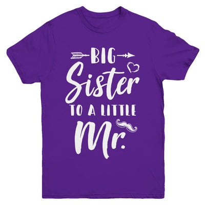 Big Sister To A Little Mister Baby Kid Shower Youth-Youth Shirt-Youth T-Shirt-Purple