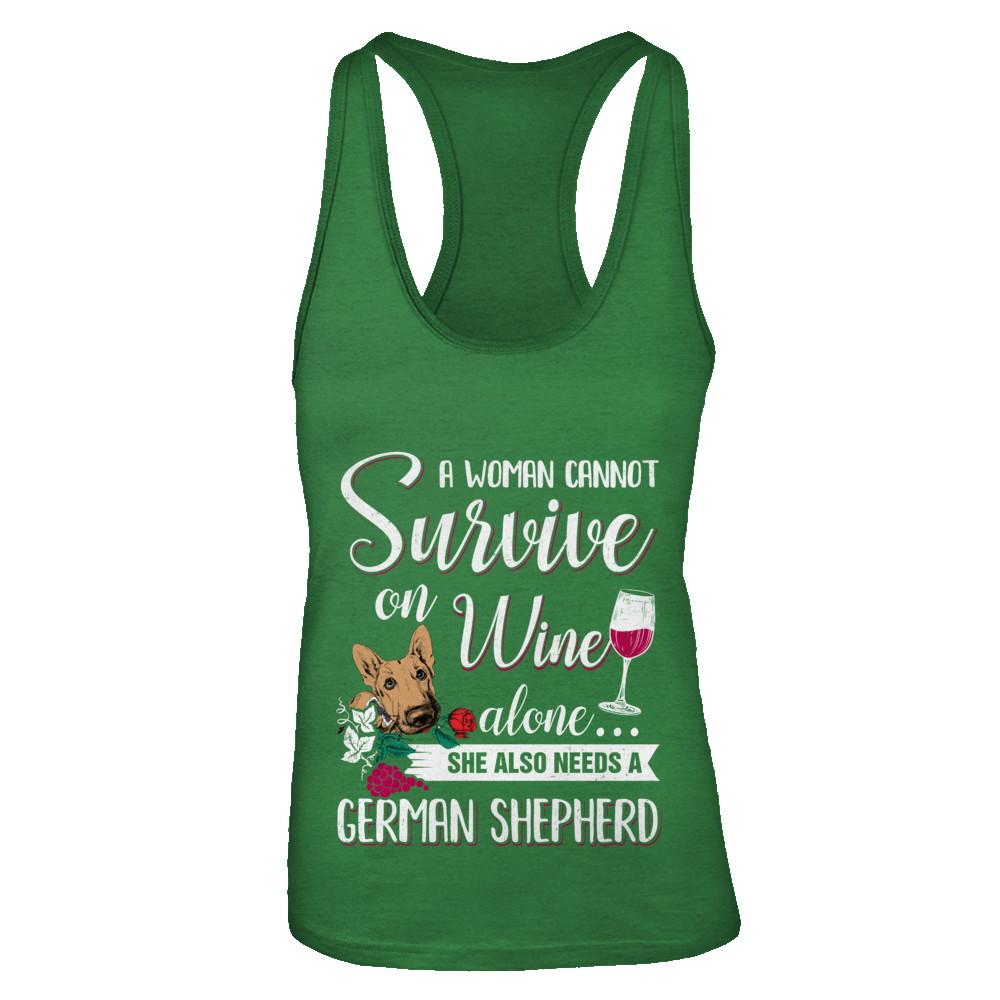 A Woman Can't Survive On Wine Alone German Shepherd Dog-T-Shirt & Tank Top-Women's Ideal Racerback Tank-Kelly Green