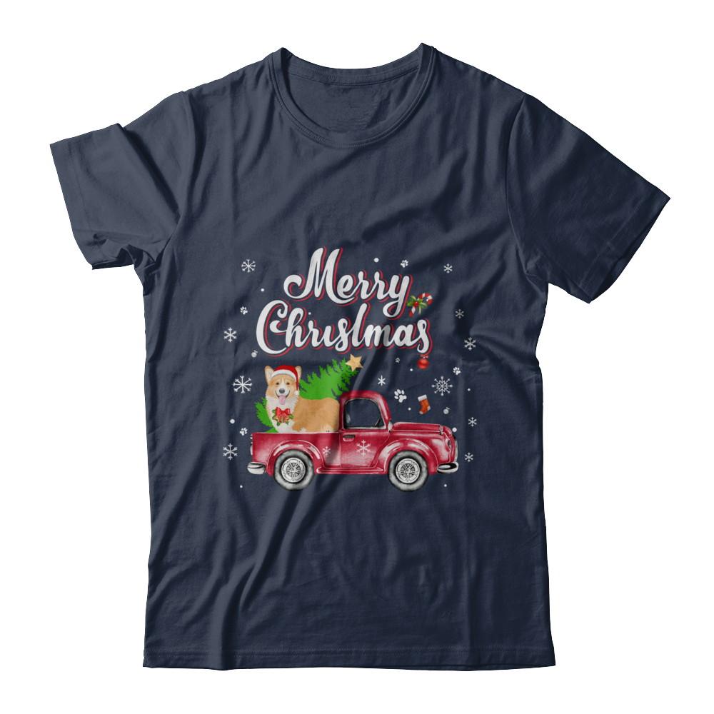 Corgi Retriever Rides Red Truck Christmas Pajama-T-Shirt & Sweatshirt-Classic T-Shirt-Navy