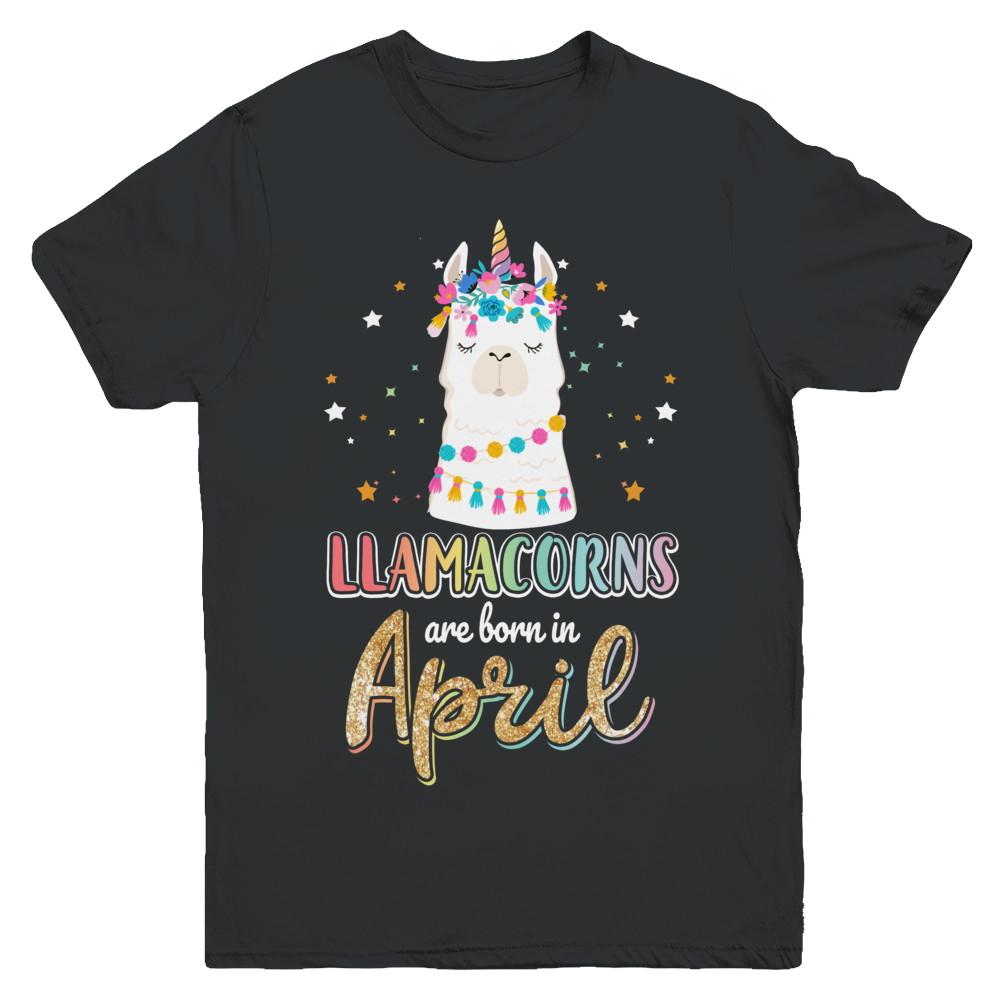 Llama Unicorn Llamacorns Born In April Birthday Gift Youth-Youth Shirt-Youth T-Shirt-Black