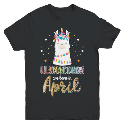 Llama Unicorn Llamacorns Born In April Birthday Gift Youth-Youth Shirt-Youth T-Shirt-Black