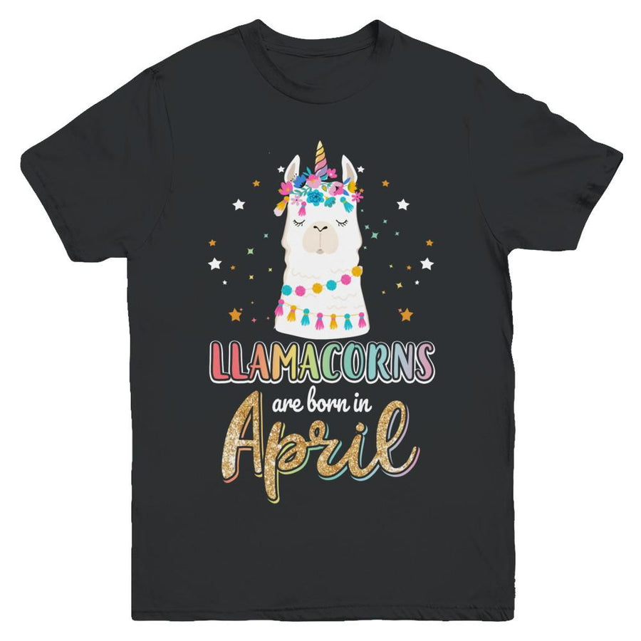 Llama Unicorn Llamacorns Born In April Birthday Gift Youth-Youth Shirt-Youth T-Shirt-Black