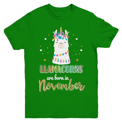 Llama Unicorn Llamacorns Born In November Birthday Gift Youth-Youth Shirt-Youth T-Shirt-Irish Green