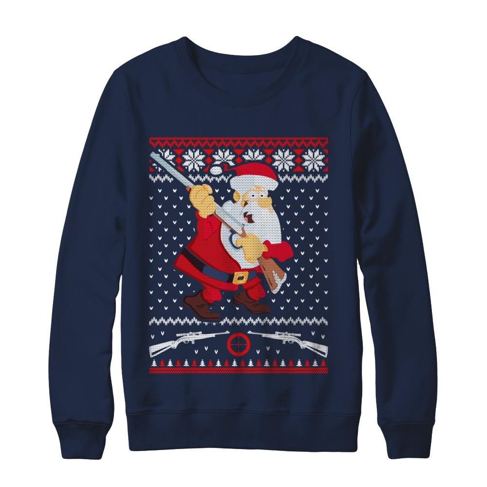 Santa Gun Hunting Ugly Christmas Sweater Funny-T-Shirt & Sweatshirt-Crewneck Sweatshirt-Navy