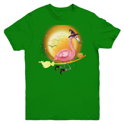 Funny Halloween Flamingo Witch Broom Scary Youth-Youth Shirt-Youth T-Shirt-Irish Green