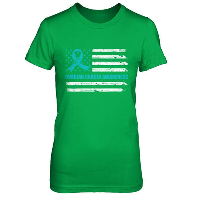 Teal Ribbon Ovarian Cancer Awareness US Flag-T-Shirt & Hoodie-Women's T-Shirt-Irish Green