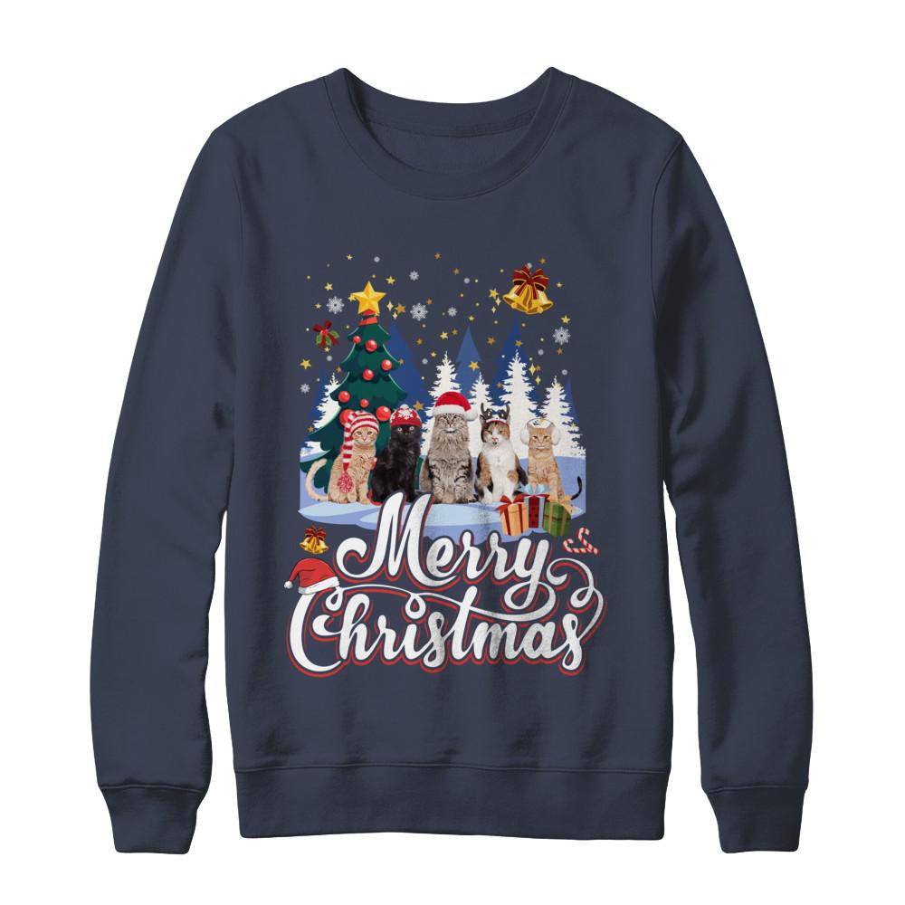 Merry Christmas Cat Women Girls Christmas Gift-T-Shirt & Sweatshirt-Crewneck Sweatshirt-Navy