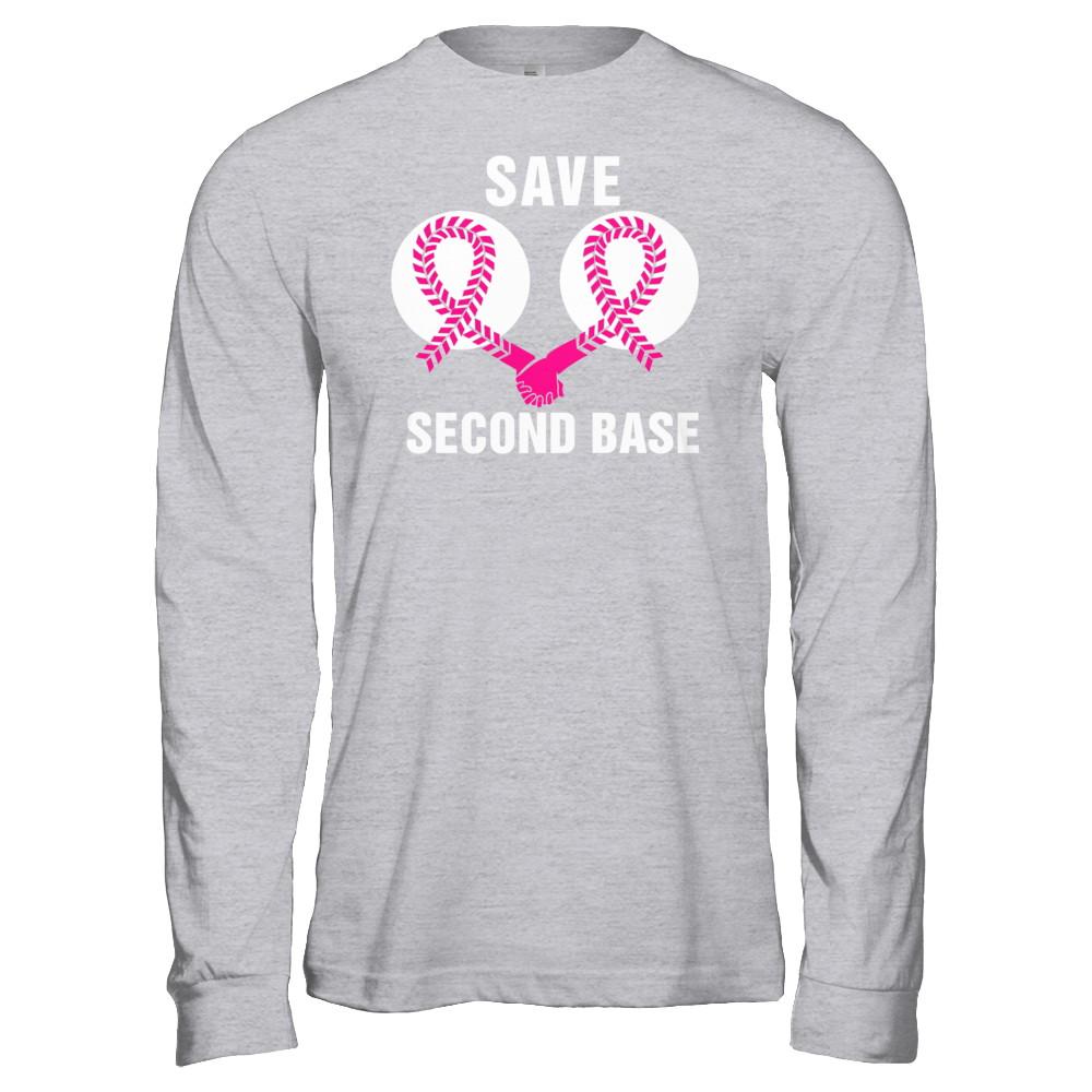 Save The Second Base Breast Cancer Awareness Baseball-T-Shirt & Hoodie-Long Sleeve T-Shirt-Sport Grey