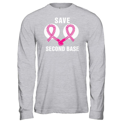 Save The Second Base Breast Cancer Awareness Baseball-T-Shirt & Hoodie-Long Sleeve T-Shirt-Sport Grey