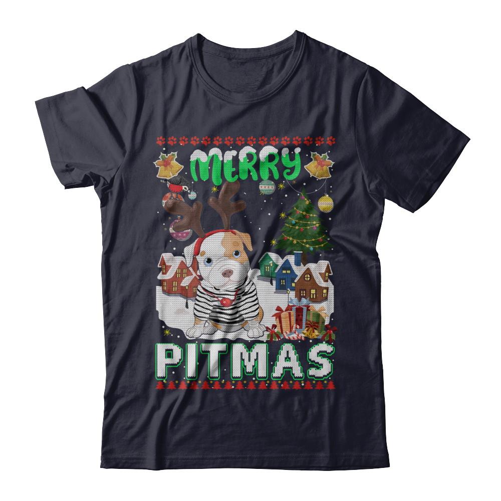 Cute Pitbull Christmas Merry Pigmas Ugly Sweater Christmas-T-Shirt & Sweatshirt-Premium T-Shirt-Midnight Navy
