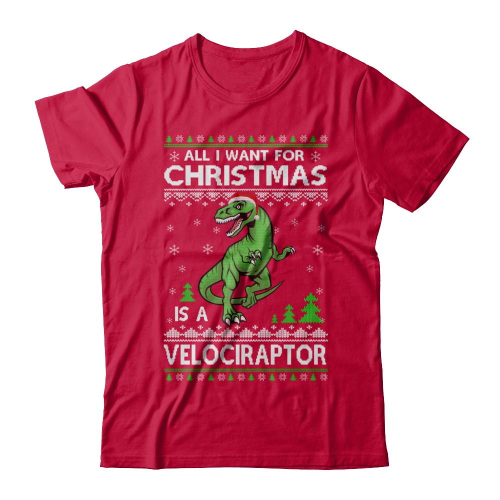 Funny Velociraptor Dinosaur Christmas Ugly Sweater-T-Shirt & Sweatshirt-Classic T-Shirt-Red