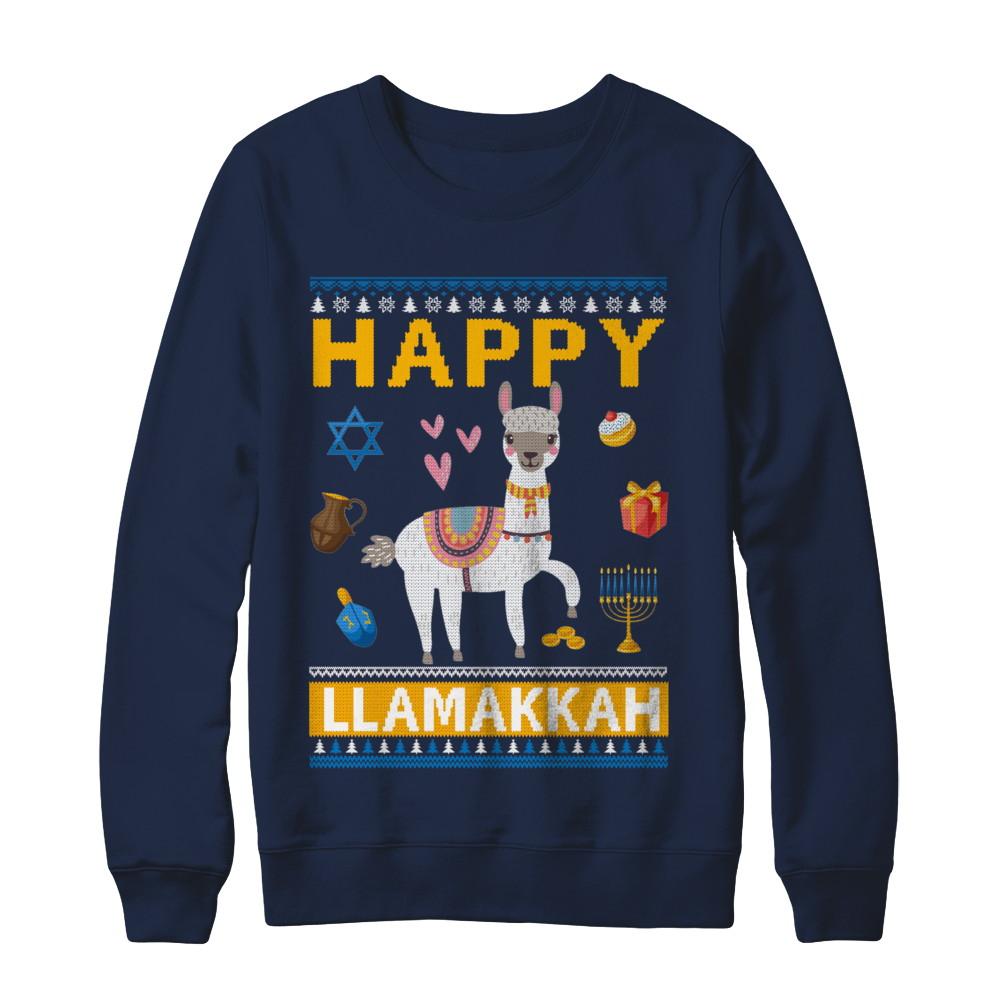 Happy Llama Llamakkah Hanukkah Ugly Sweater-T-Shirt & Sweatshirt-Crewneck Sweatshirt-Navy