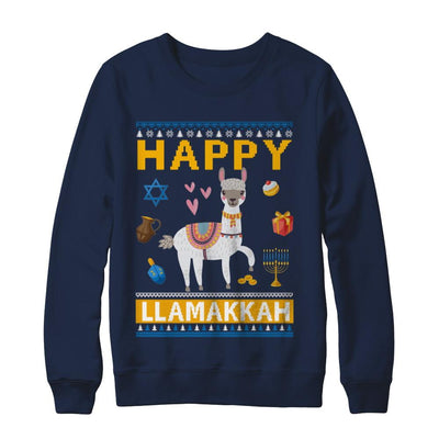 Happy Llama Llamakkah Hanukkah Ugly Sweater-T-Shirt & Sweatshirt-Crewneck Sweatshirt-Navy