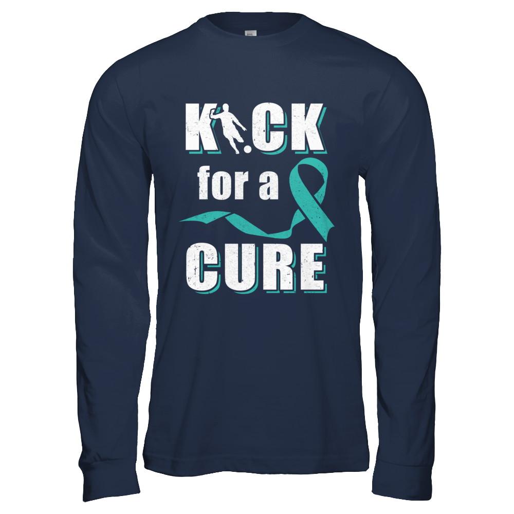 Kick For A Cure Soccer Teal Ovarian Cancer Awareness-T-Shirt & Hoodie-Long Sleeve T-Shirt-Navy