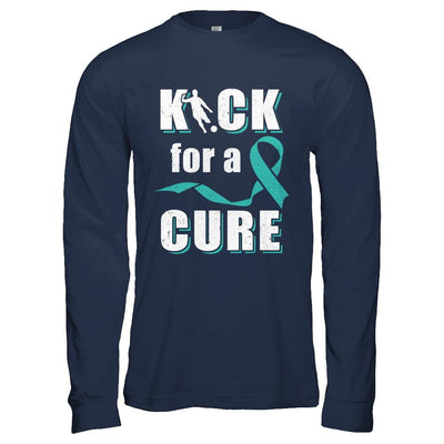 Kick For A Cure Soccer Teal Ovarian Cancer Awareness-T-Shirt & Hoodie-Long Sleeve T-Shirt-Navy