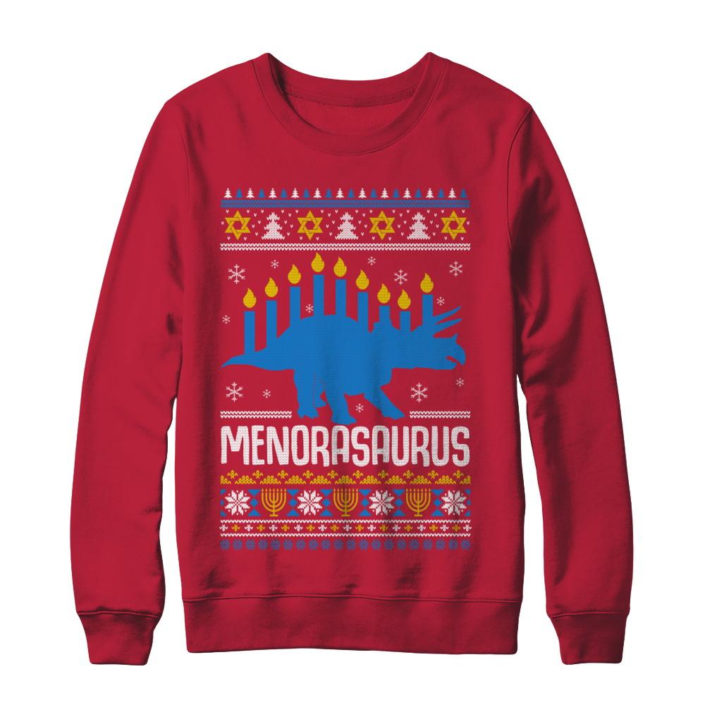 Funny Ugly Hanukkah Dinosaur Menorasaurus Sweater-T-Shirt & Sweatshirt-Crewneck Sweatshirt-Red