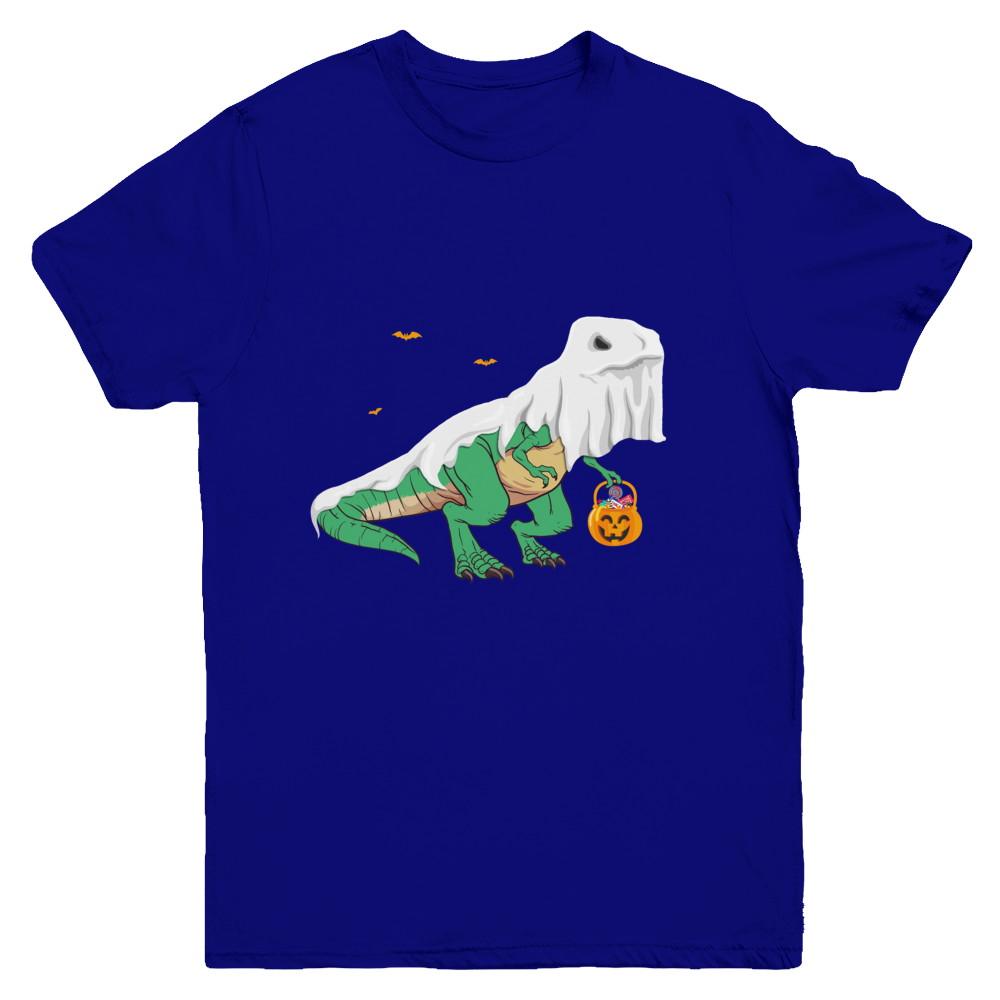 Halloween T Rex Dinosaur Ghost Trick Or Treat Youth-Youth Shirt-Youth T-Shirt-Navy