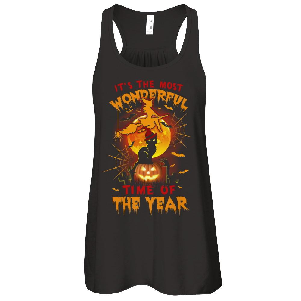 Halloween Cat It's The Most Wonderful Time Of The Year Witches-T-Shirt & Tank Top-Women's Flowy Racerback Tank-Black