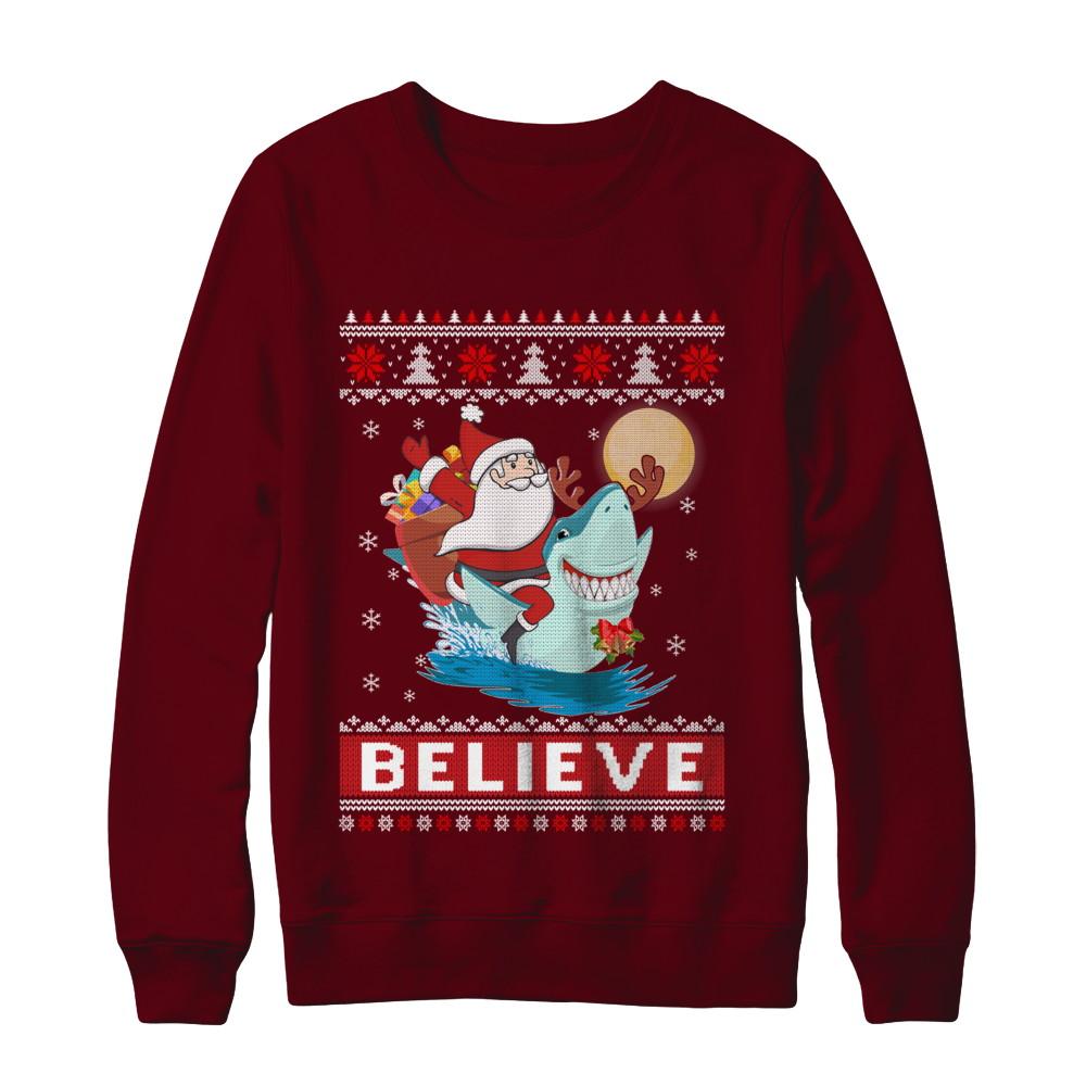Believe In Santa Riding Shark Ugly Christmas Sweater-T-Shirt & Sweatshirt-Crewneck Sweatshirt-Maroon
