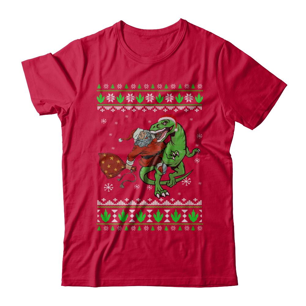 Santa Riding Dinosaur T-Rex Ugly Christmas Sweater-T-Shirt & Sweatshirt-Classic T-Shirt-Red