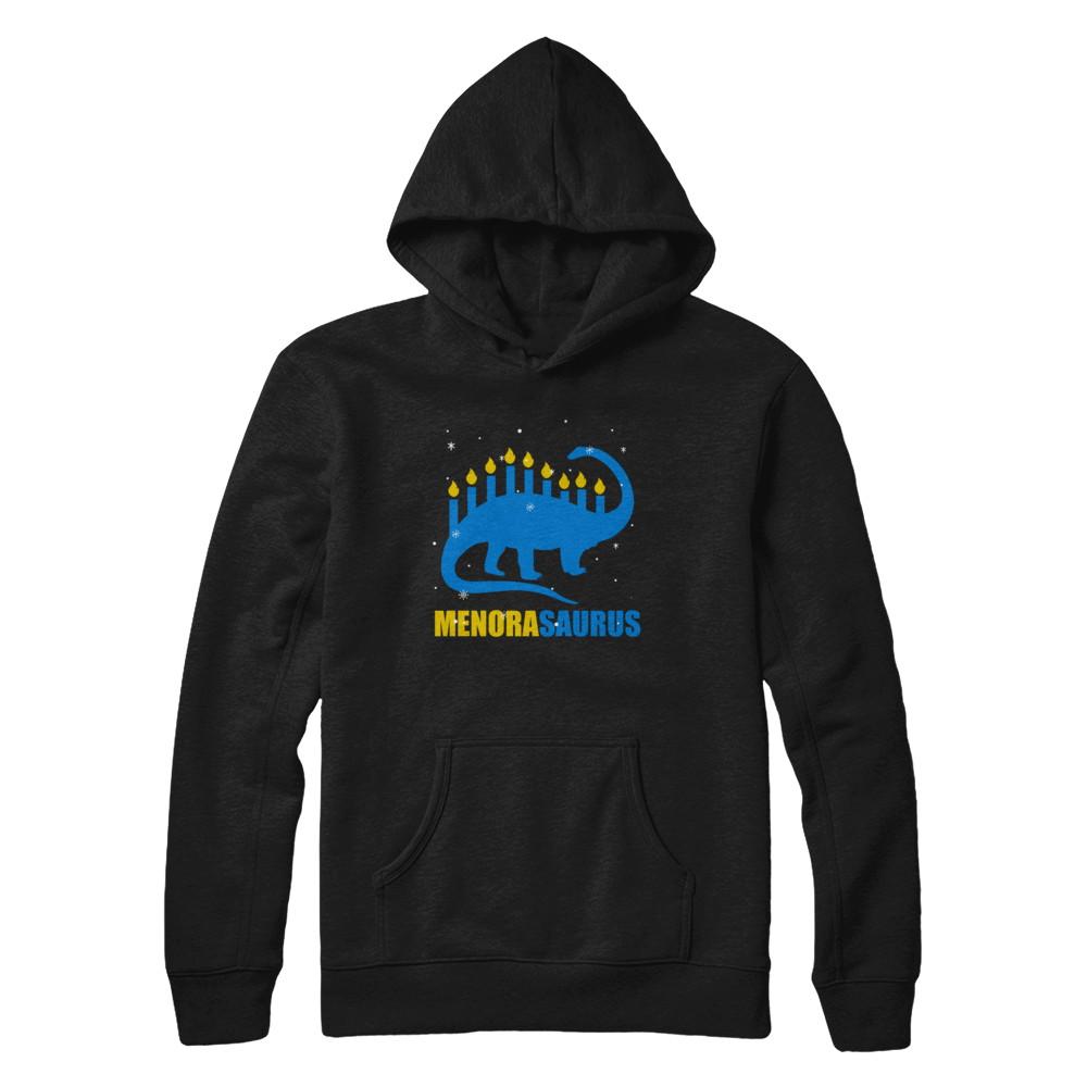 Funny Hanukkah Dinosaur Menorah Brontosaurus Menorasaurus-T-Shirt & Sweatshirt-Pullover Hoodie-Black