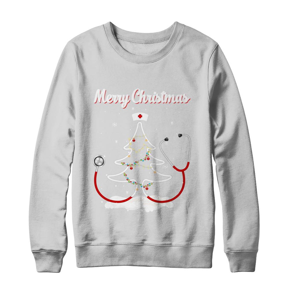 Merry Christmas Stethoscope Nurse Christmas Tree Xmas-T-Shirt & Sweatshirt-Crewneck Sweatshirt-White