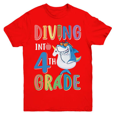 Diving Into 4th Grade Back To School Shark Youth-Youth Shirt-Youth T-Shirt-Red