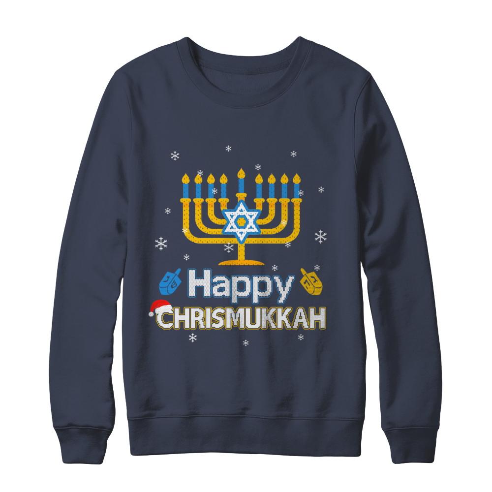 Happy Chrismukkah Ugly Hanukkah Christmas Sweater-T-Shirt & Sweatshirt-Crewneck Sweatshirt-Navy