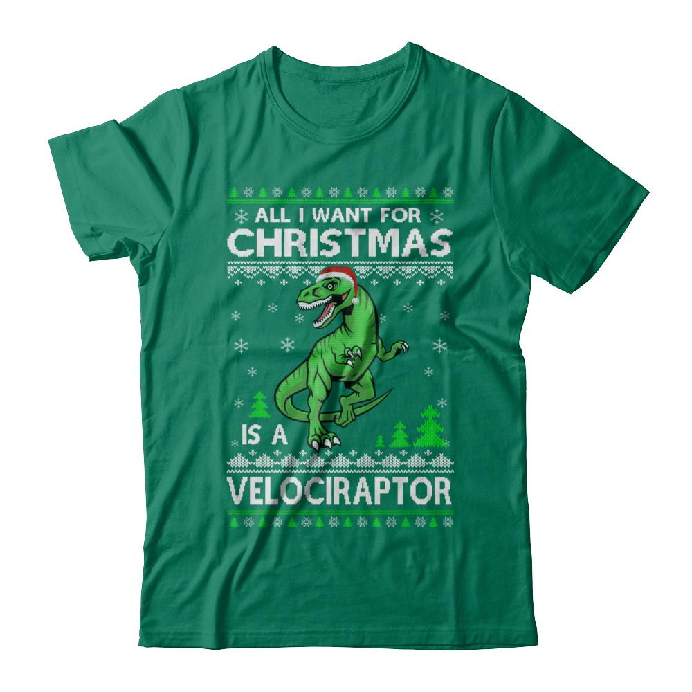 Funny Velociraptor Dinosaur Christmas Ugly Sweater-T-Shirt & Sweatshirt-Classic T-Shirt-Kelly Green