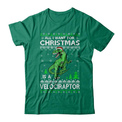 Funny Velociraptor Dinosaur Christmas Ugly Sweater-T-Shirt & Sweatshirt-Classic T-Shirt-Kelly Green
