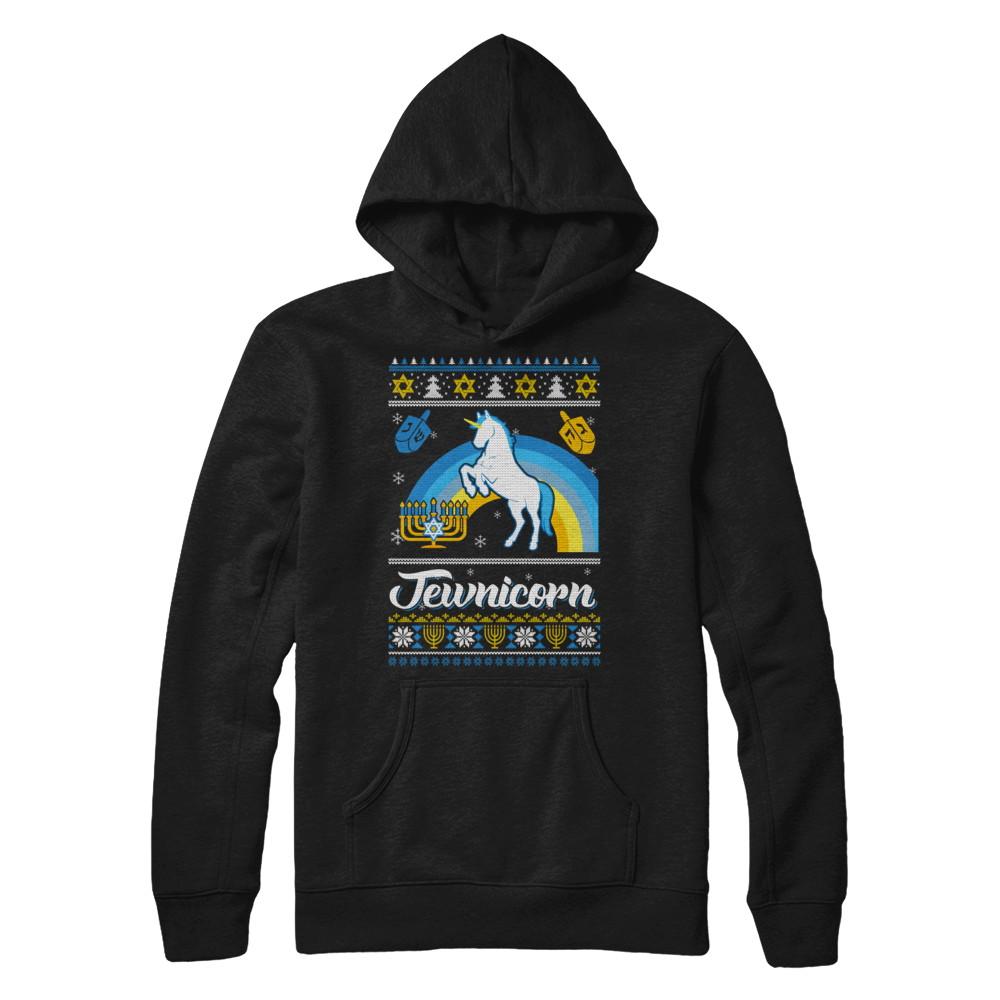 Funny Ugly Hanukkah Sweater Unicorn Jewnicorn-T-Shirt & Sweatshirt-Pullover Hoodie-Black