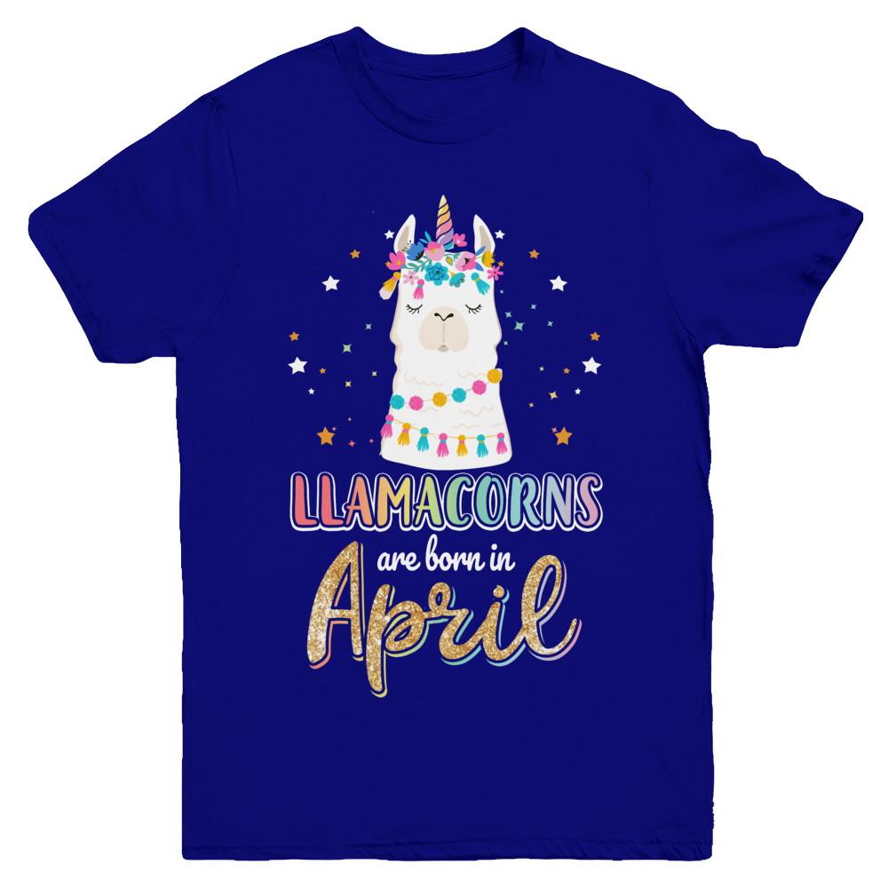 Llama Unicorn Llamacorns Born In April Birthday Gift Youth-Youth Shirt-Youth T-Shirt-Navy