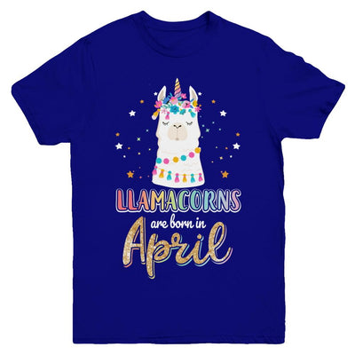 Llama Unicorn Llamacorns Born In April Birthday Gift Youth-Youth Shirt-Youth T-Shirt-Navy