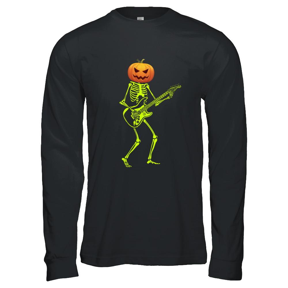 Pumpkin Skeleton Play Guitar Luminous Costume Halloween-T-Shirt & Hoodie-Long Sleeve T-Shirt-Black